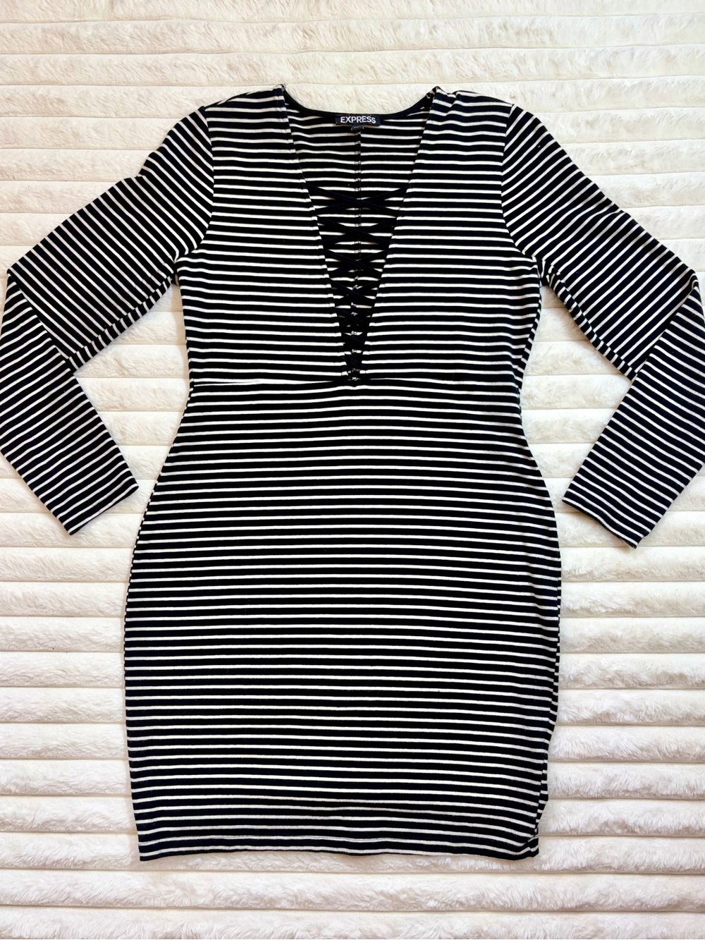 Express Black & White Striped Lace-Up Bodycon Dress